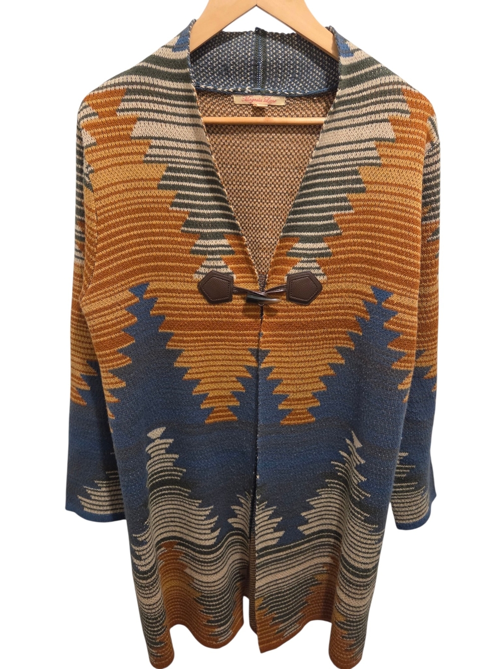Open Knit Cardigan in Rust, Blue and Cream With Leather Fastener